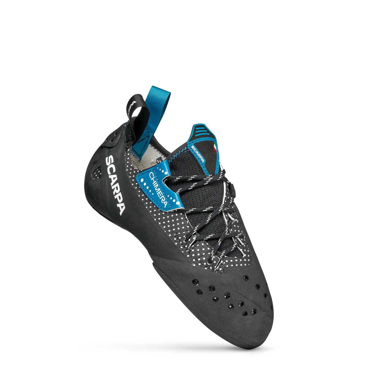 黒と白に青いディテールを配し、シューレースで締めるSCARPA Chimeraクライミングシューズ