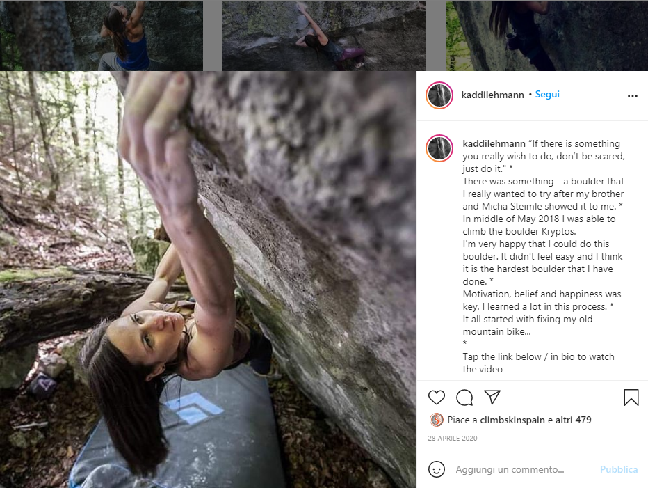 Instagram投稿のスクリーンショット。森の中の岩を登る人と、Kryptosの完登についての文章。