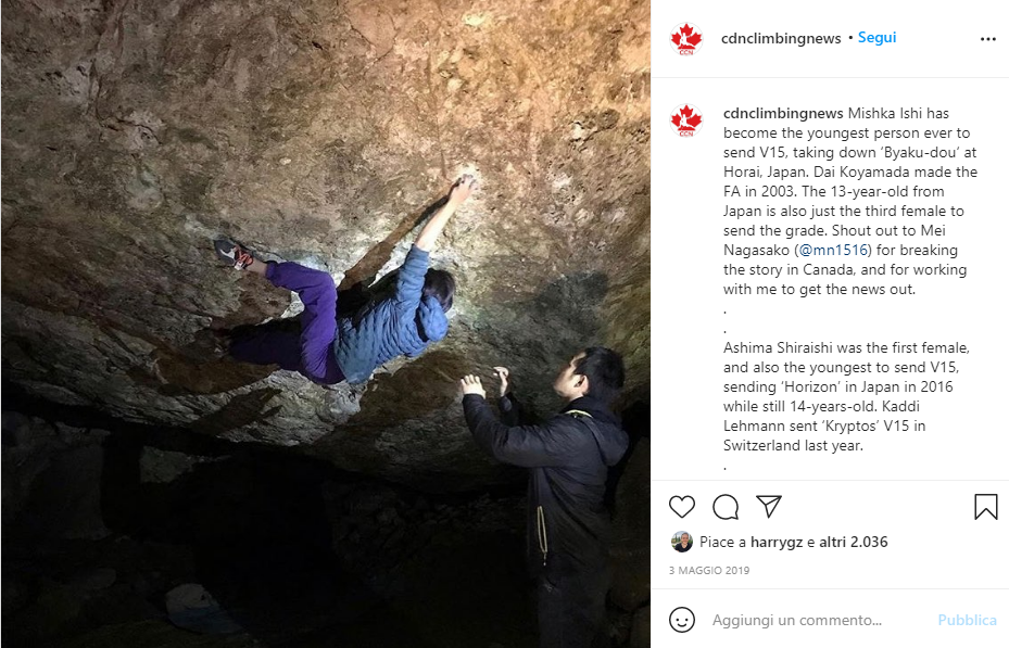 Instagram投稿のスクリーンショット。岩のルーフ下を登る人、地面にいる別の人、Byaku-douの完登についての文章。