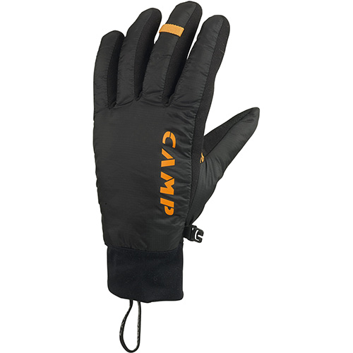 オレンジのディテールとリストリーシュが付いた黒いCAMP G-Air Hot Dryグローブ