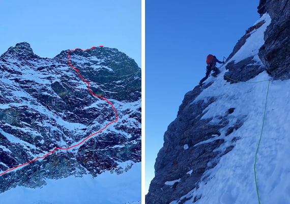 Leeのラインが描かれたRauchkofelの雪に覆われた壁と、岩と氷を登る登山者