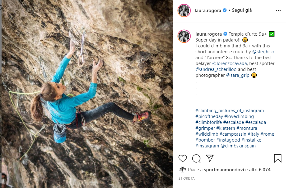 laura.rogoraのInstagram画面。岩を登る人物とTerapia d’Urtoについての投稿。画面の操作表示はイタリア語、本文は英語。