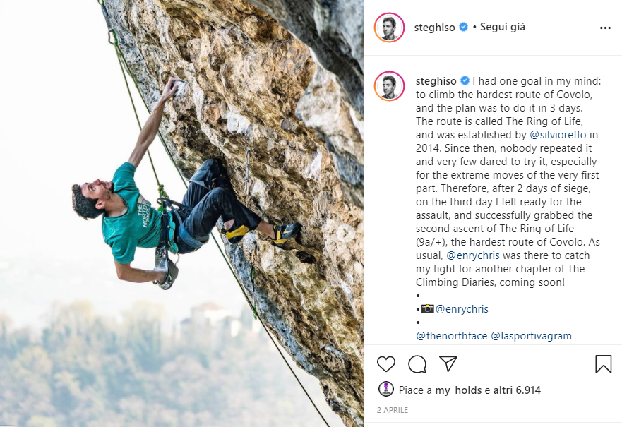 steghisoのInstagram画面。岩を登る人物とThe Ring of Lifeについての投稿。画面の操作表示はイタリア語、本文は英語。