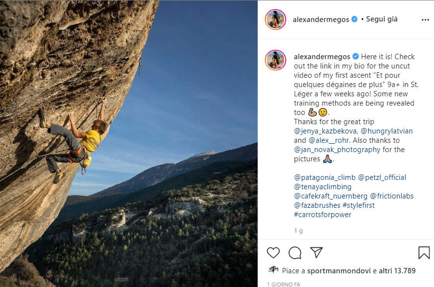 alexandermegosのInstagram画面。岩を登る人物とEt pour quelques dégaines de plusについての投稿。画面の操作表示はイタリア語、本文は英語。