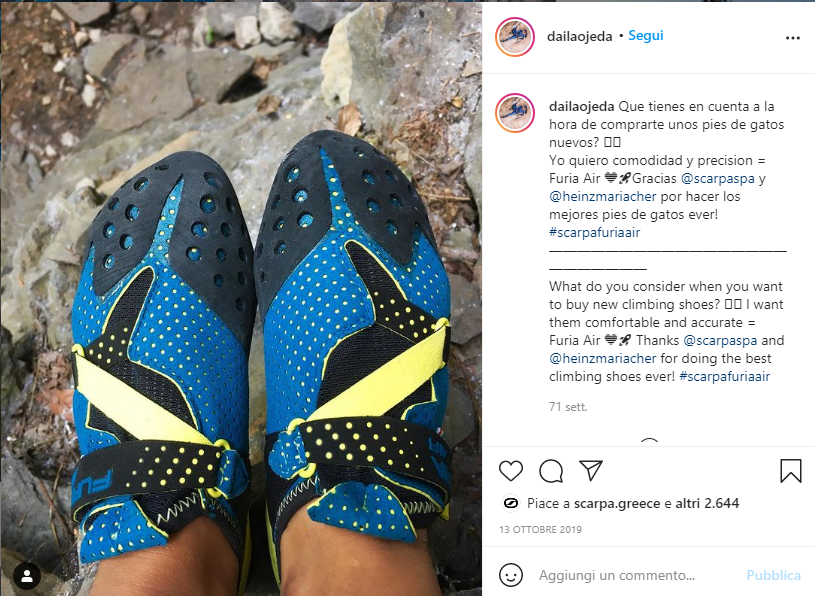 青・黄・黒のクライミングシューズとスペイン語・英語の文章が写った、Daila OjedaのInstagram投稿の画像