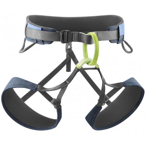 中央のループが緑色の、青と黒のEdelrid Moeハーネス