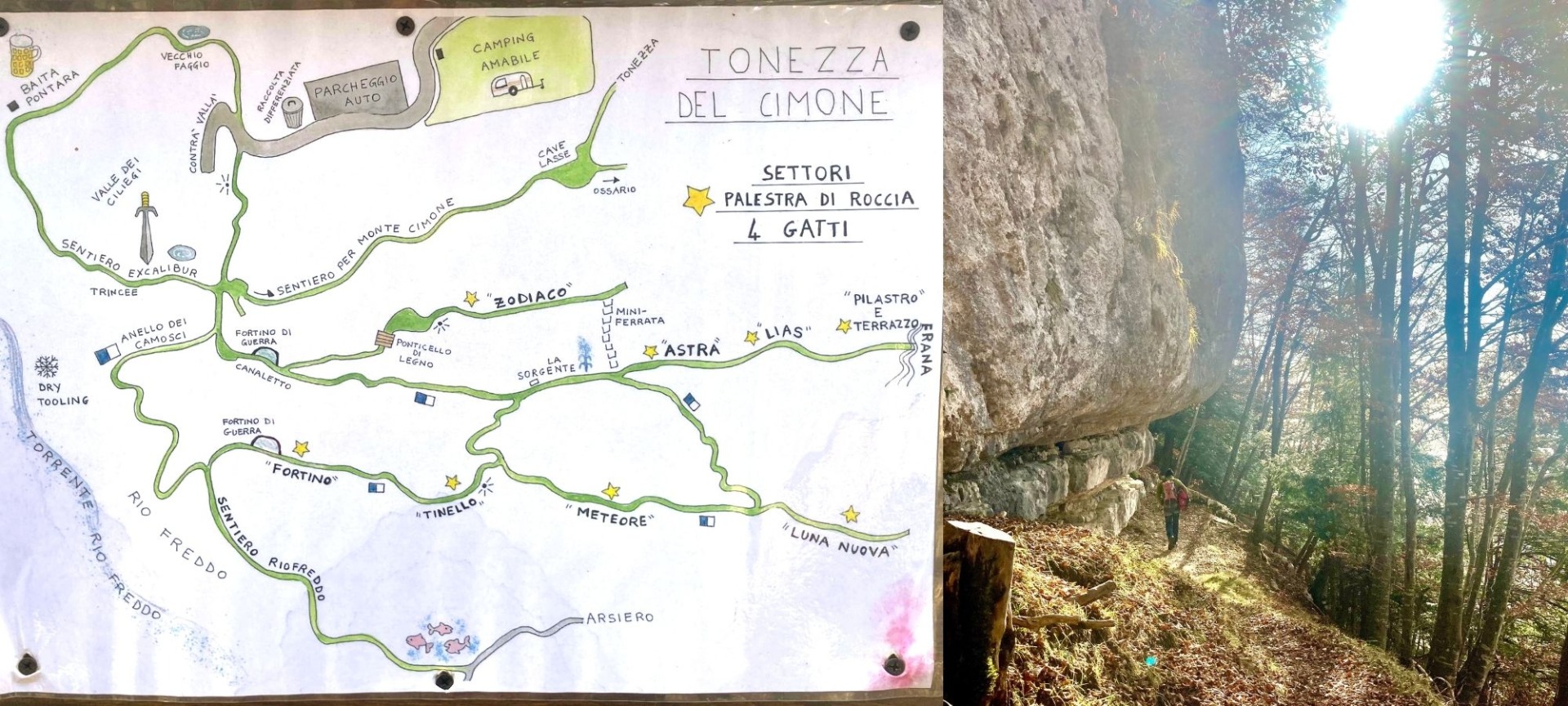 左は小道と八つの岩場エリアを示す手描きの地図、右は岩壁のそばの森の小道にいる人物