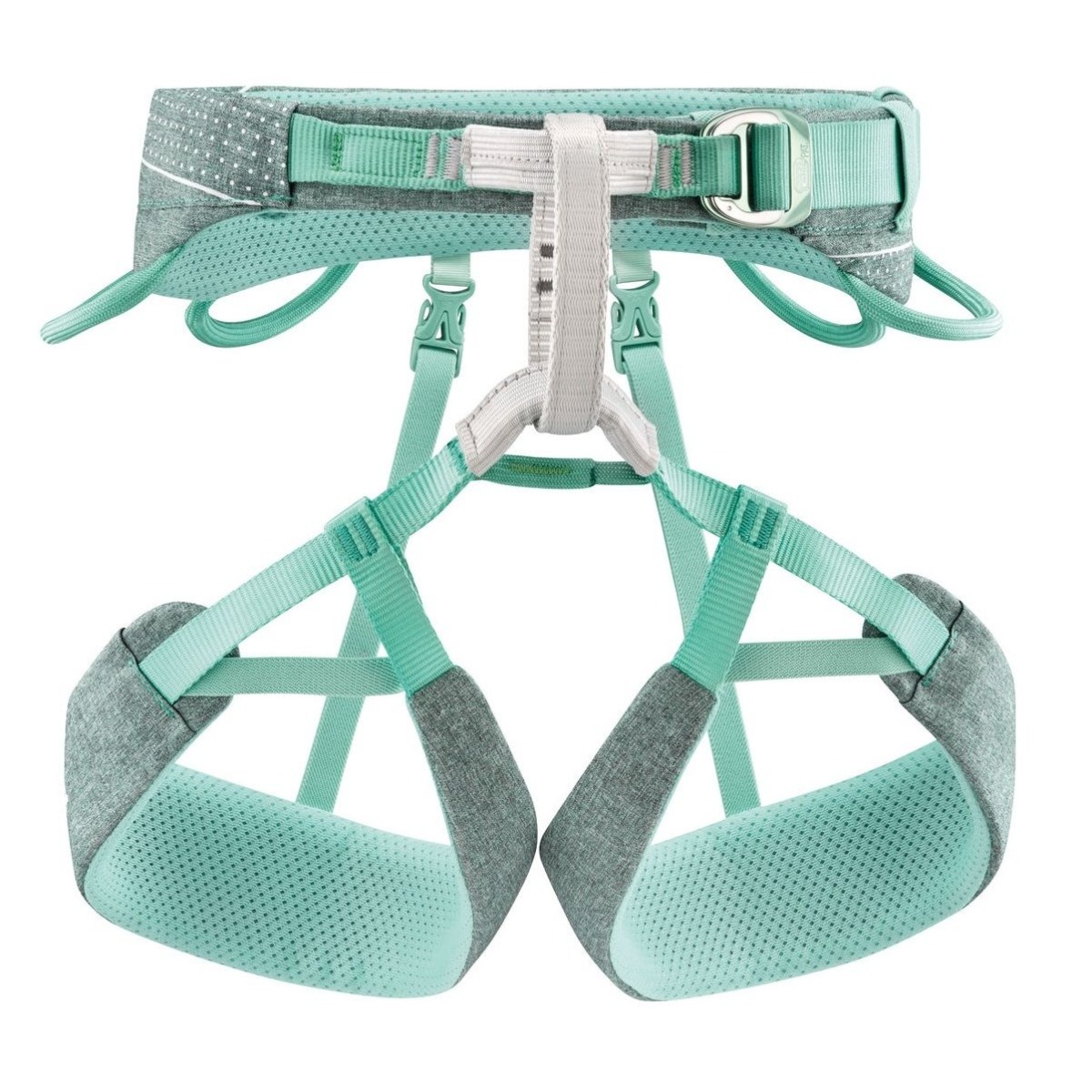 ウエストベルトとレッグループにパッドを備えた、緑とグレーのPetzl Selena