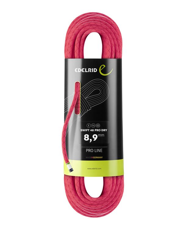 3種類のロープ認証の記号があるパッケージに入った、ピンクのEdelrid Swift 48 Pro Dry 8.9 mmロープ。