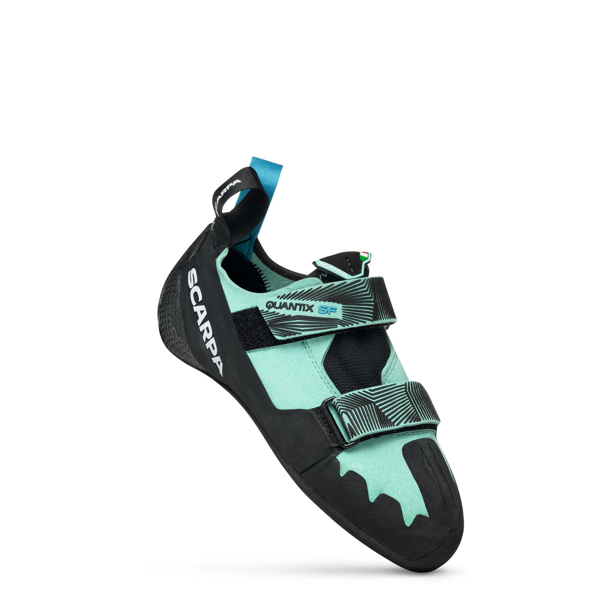 アクアブルーとブラックのSCARPA Quantix SF WMN、2本の面ファスナーストラップとつま先のラバー