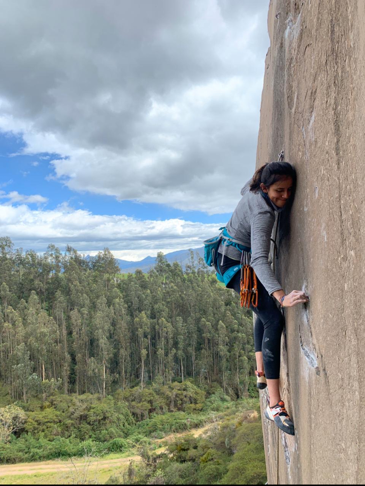 道具を携えて屋外の岩を登るクライマー、背景には木々