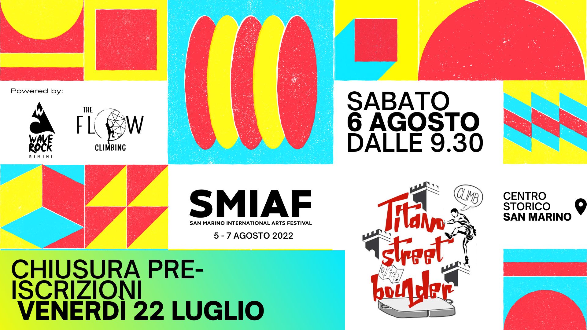 8月6日の日付と期限切れの事前登録締切が書かれたイタリア語のTitano Street Boulder 2022ポスター