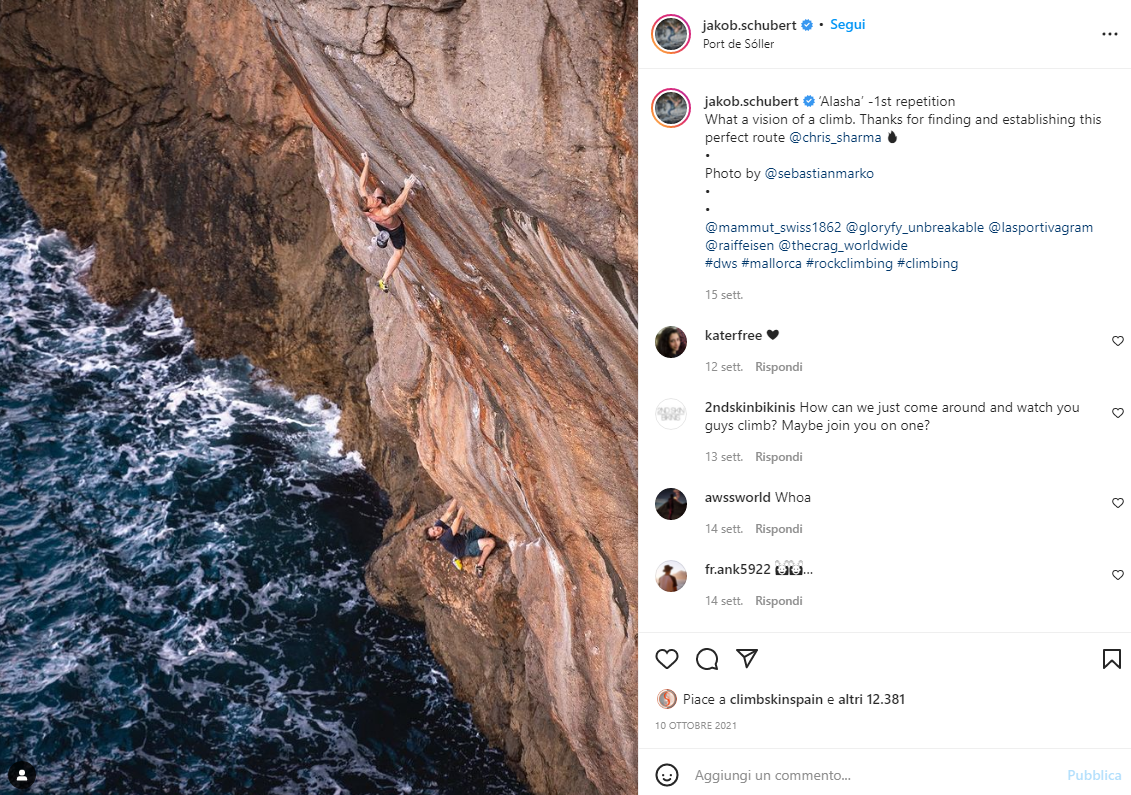 Alashaを登るJakob SchubertのInstagramのスクリーンショット。画面表示はイタリア語、投稿文は英語