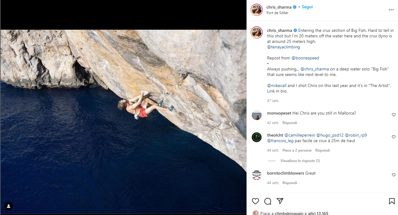 海の上のBig Fishを登るChris SharmaのInstagramのスクリーンショット。画面表示はイタリア語、投稿文は英語