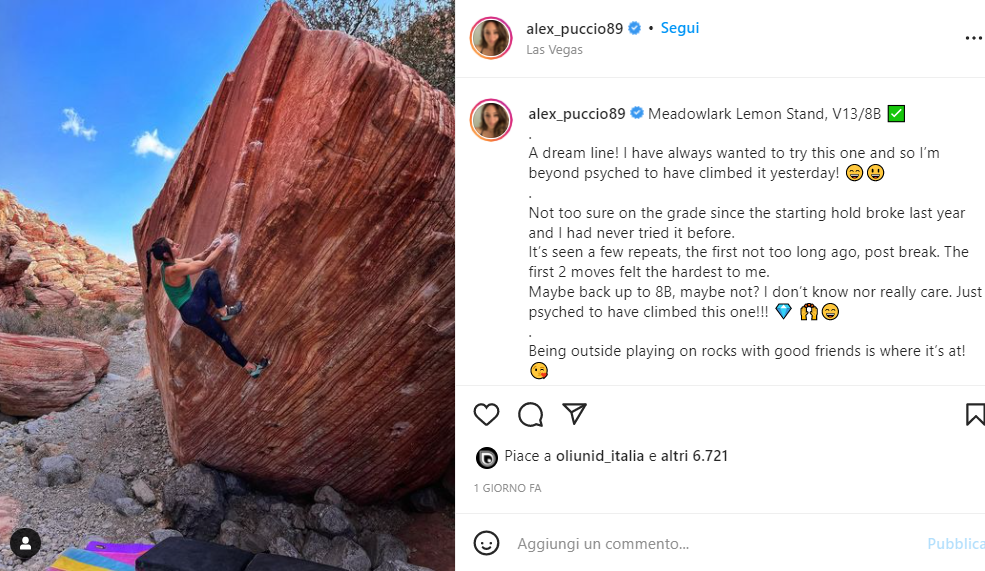 Meadowlark Lemon StandについてのAlex PuccioのInstagram投稿の画面。赤い砂岩の岩塊を登る選手