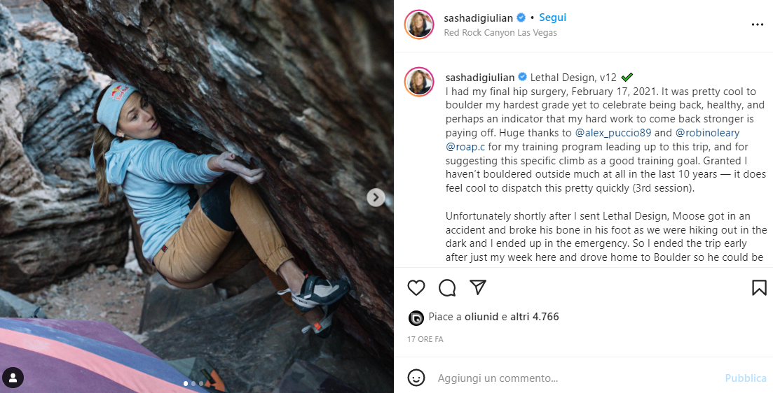 Lethal DesignについてのSasha DiGiulianのInstagram投稿の画面。水色のシャツで前傾した岩を登る選手