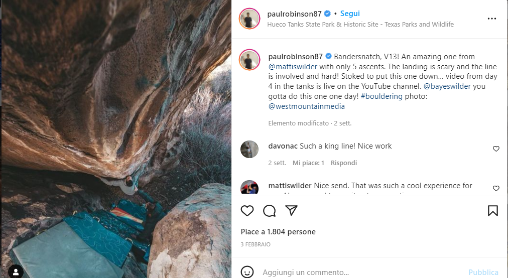 BandersnatchについてのPaul RobinsonのInstagram投稿の画面。クラッシュパッドの上にあるルーフの下を登る選手