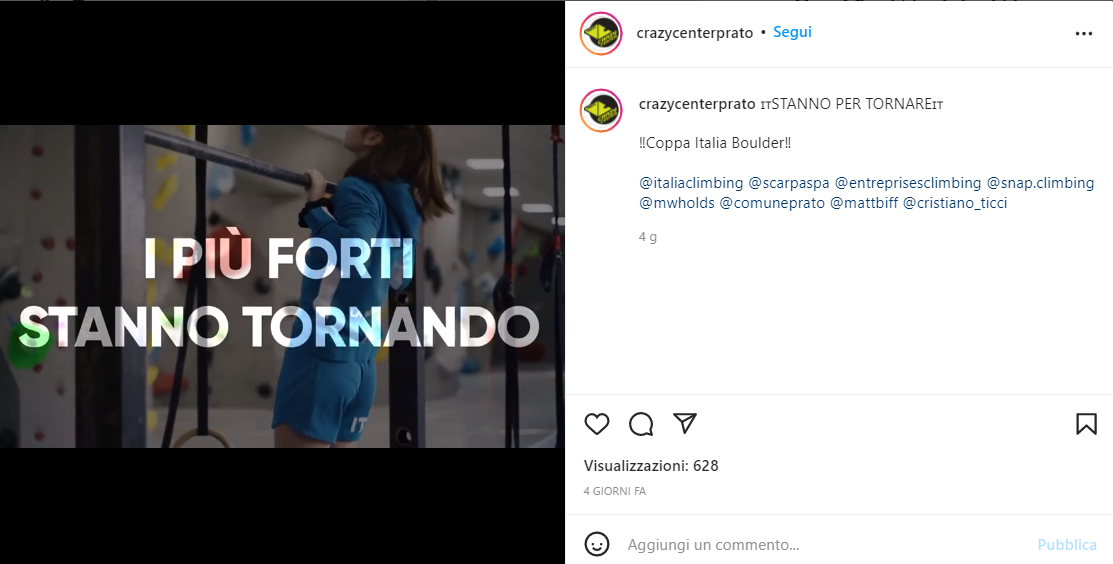 イタリア・ボルダリングカップの再開を告知するCrazy Centerのイタリア語投稿のスクリーンショット