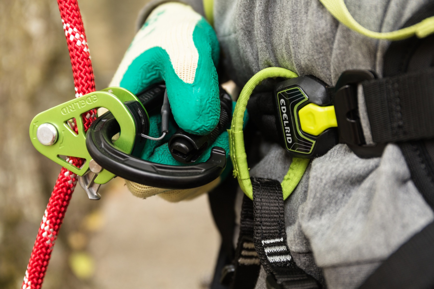 赤いロープとハーネスのそばにある、カラビナ付きの緑色の器具の接写. Edelrid