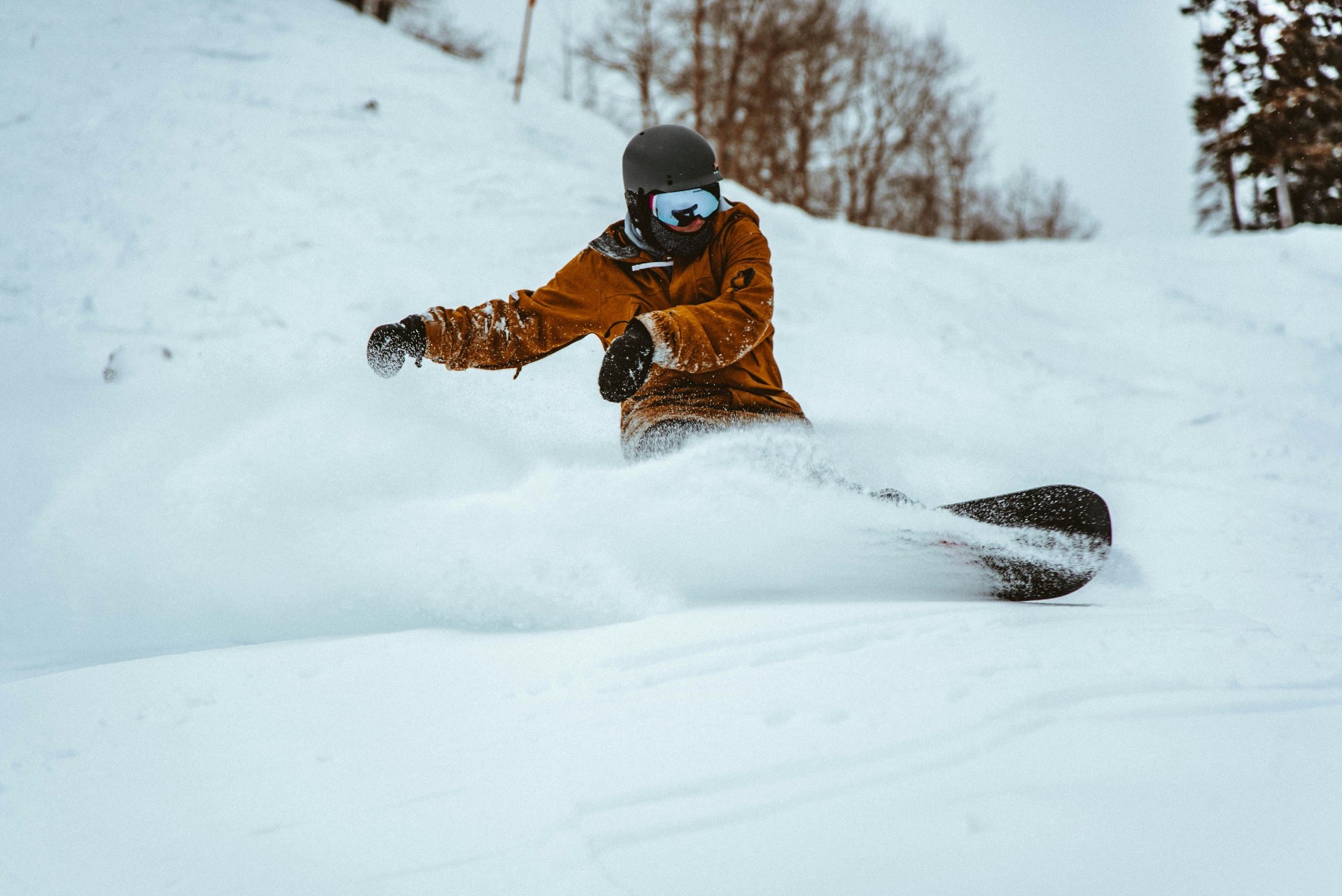 木々の間の新雪でスノーボードをする人 — Bradley Dunn