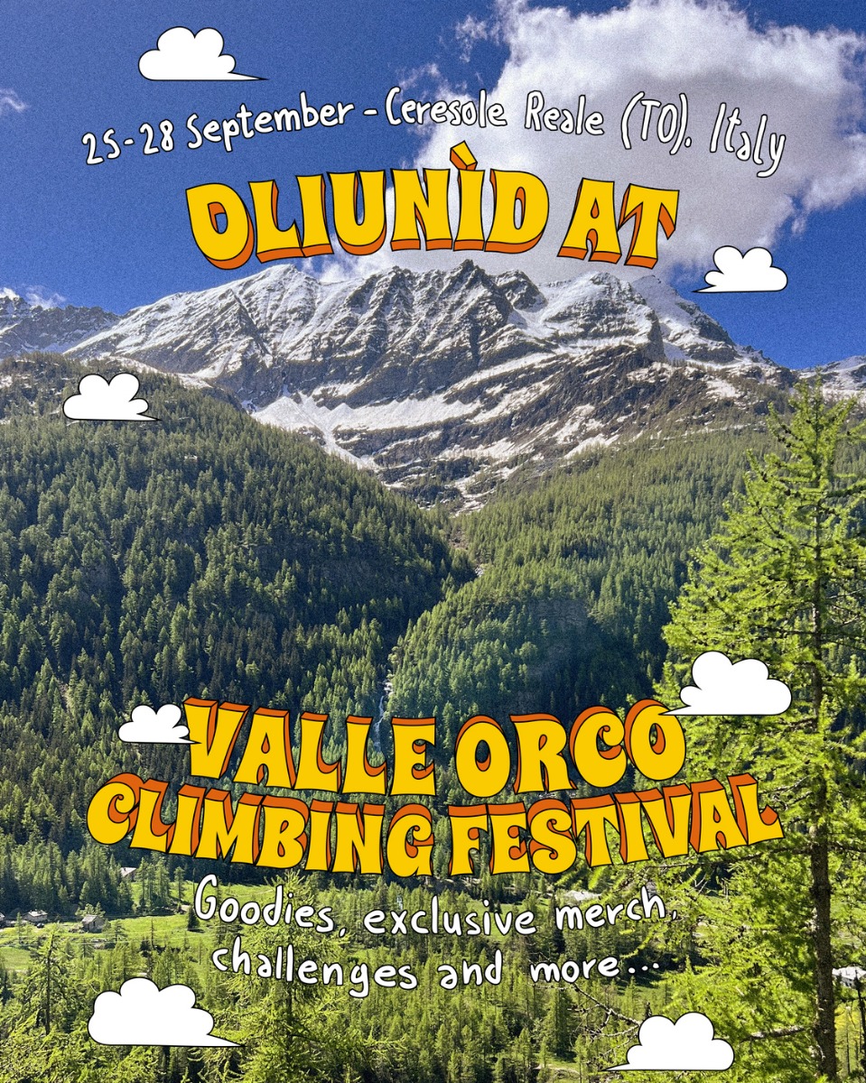 山並みを背景にした「Oliun&igrave;d at Valle Orco Climbing Festival 2025」の告知画像