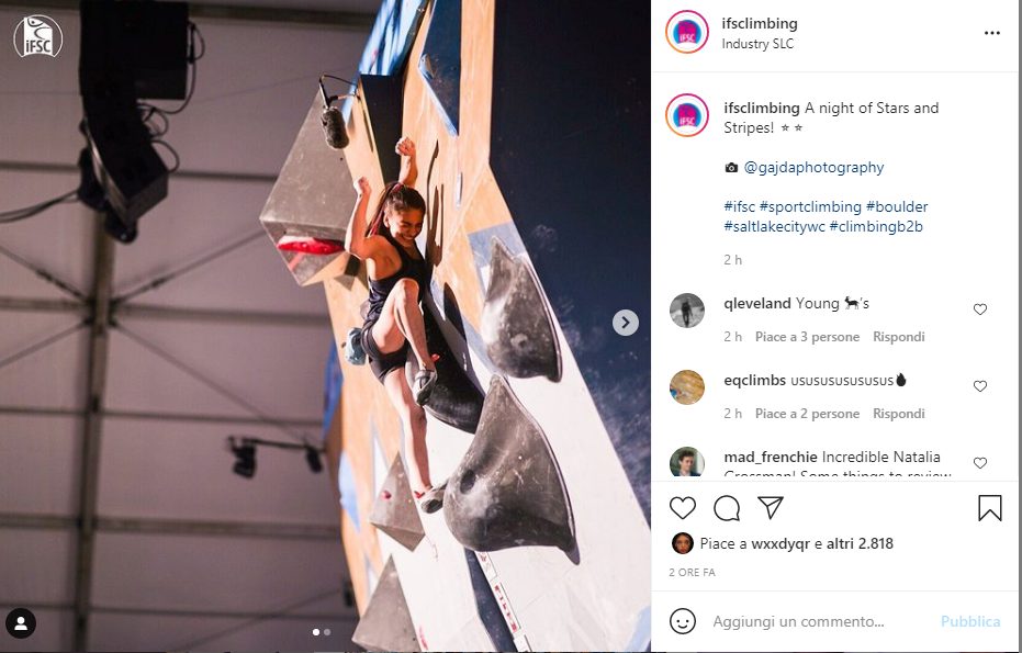 Salt Lake Cityのボルダリングの壁にいる女子選手と写真クレジット@gajdaphotographyが見えるIFSC投稿のスクリーンショット。