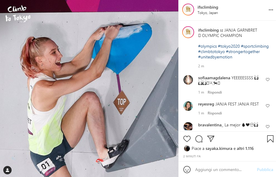Tokyo 2020でのJanja Garnbretの優勝を伝えるIFSCの投稿。ボルダー競技の写真。