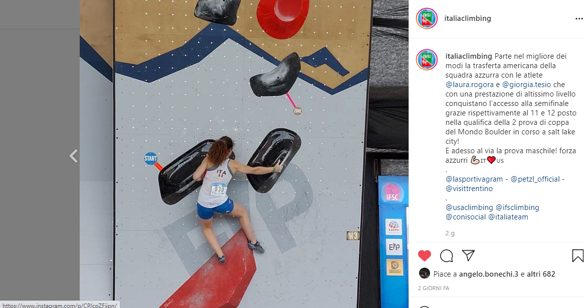Salt Lake Cityでのイタリア女子選手の予選通過を伝えるFASIのInstagram投稿のイタリア語の画面。ボルダーを登る選手の写真を掲載