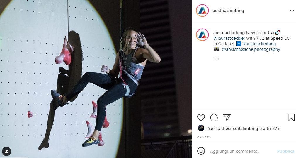 Laura StöcklerがGaflenzで記録したスピードのオーストリア女子記録7.72秒についてのAustria Climbing投稿のスクリーンショット。写真クレジットは@ansichtssache.photography。