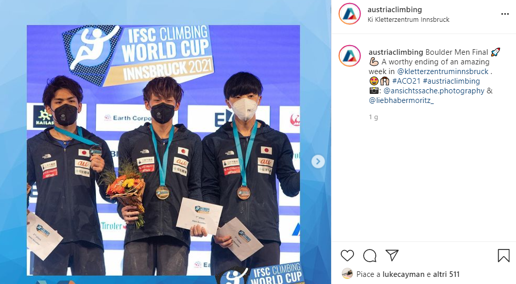 2021年Innsbruckのボルダー男子表彰台についてのAustria Climbing投稿のスクリーンショット。写真クレジットは@ansichtssache.photographyと@liebhabermoritz_。