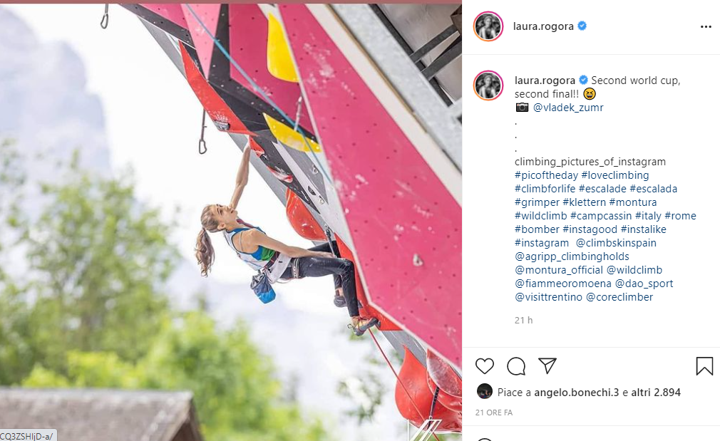 Laura Rogoraのプロフィールのスクリーンショット。リードクライミングの写真と、撮影クレジット@vladek_zumrが掲載されている。