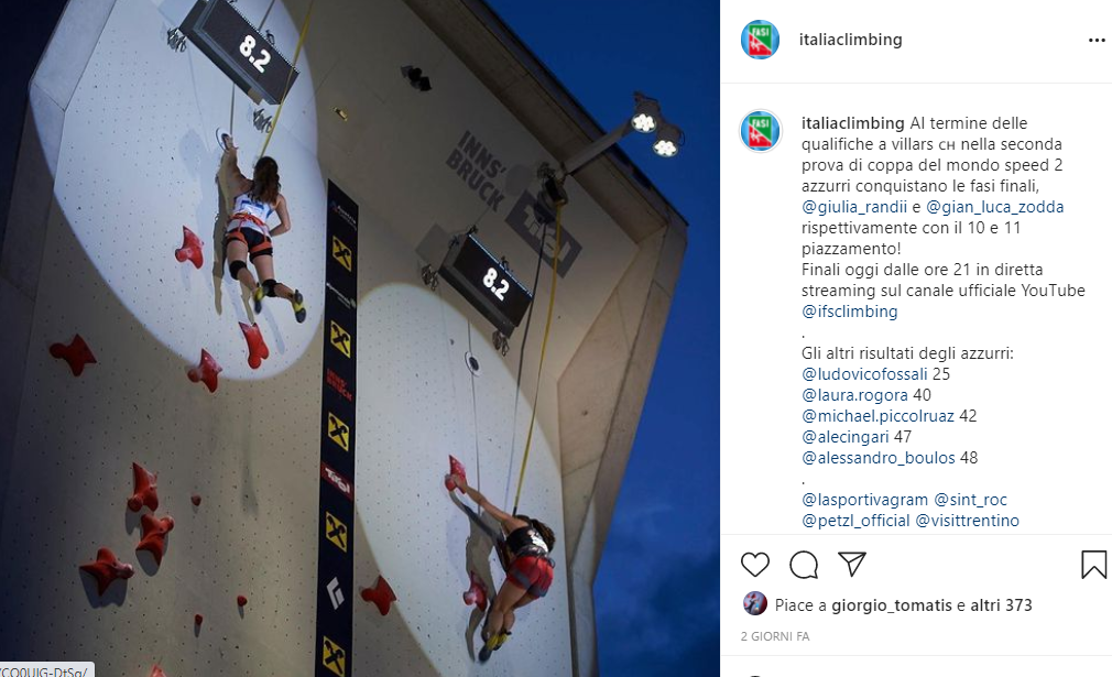 2021年Villars大会のイタリア人スピード決勝トーナメント進出者を紹介するFASIの投稿のスクリーンショット。競技壁での写真が掲載されている。
