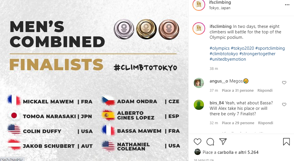 連盟のInstagramアカウントに掲載された、Tokyo 2020男子複合の決勝進出者8人を示すIFSCグラフィック。