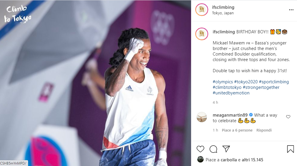 Mickael Mawemと、Tokyo 2020予選での3トップ4ゾーンについての説明文が写ったIFSCアカウントのスクリーンショット。