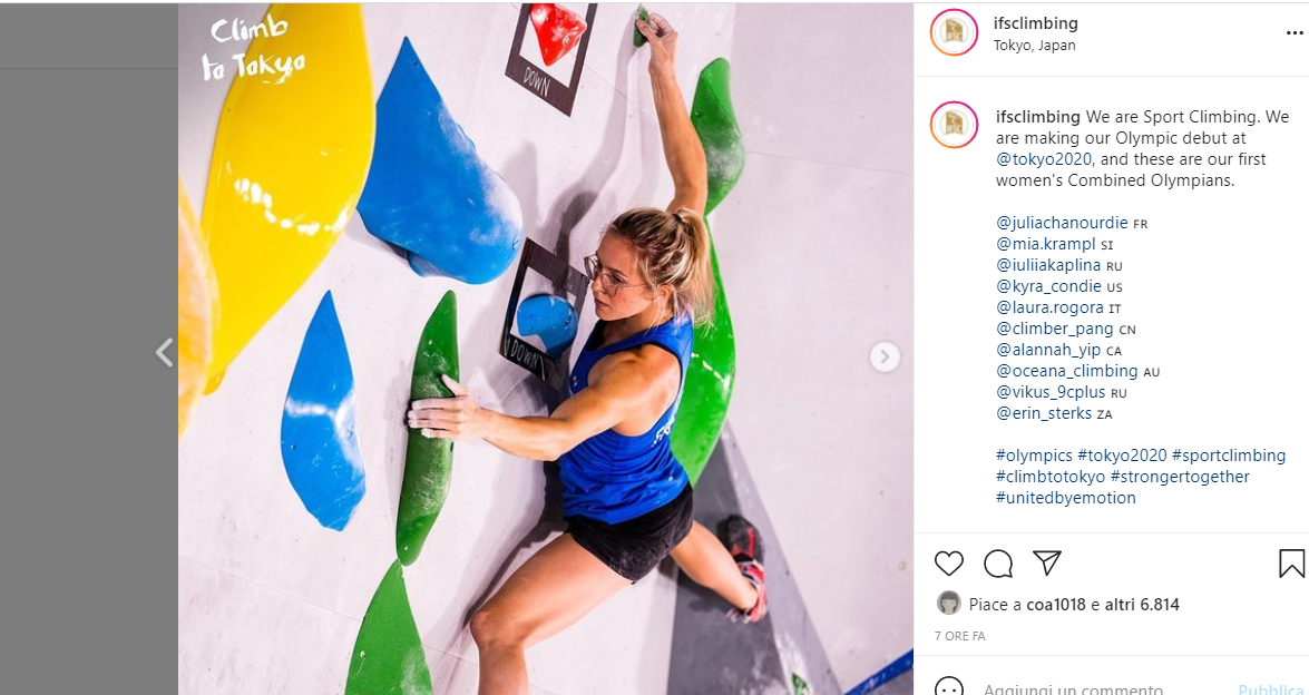 女子のオリンピック初出場を紹介するIFSC投稿のスクリーンショット。青いタンクトップの選手が緑のホールドとボリュームを登っている