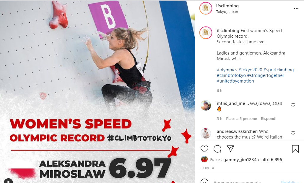 Aleksandra Miroslawの女子スピード五輪記録6.97秒を紹介するIFSC投稿のスクリーンショット