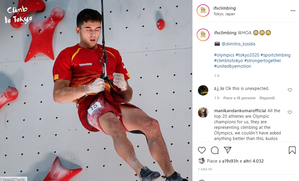 赤いユニフォームのAlberto Ginés Lópezがスピード壁の前でロープにつり下がっているIFSCの投稿画面
