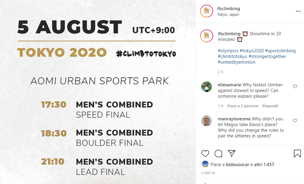 2021年8月5日のTokyo 2020男子決勝、スピード・ボルダー・リードのIFSC予定表のスクリーンショット。