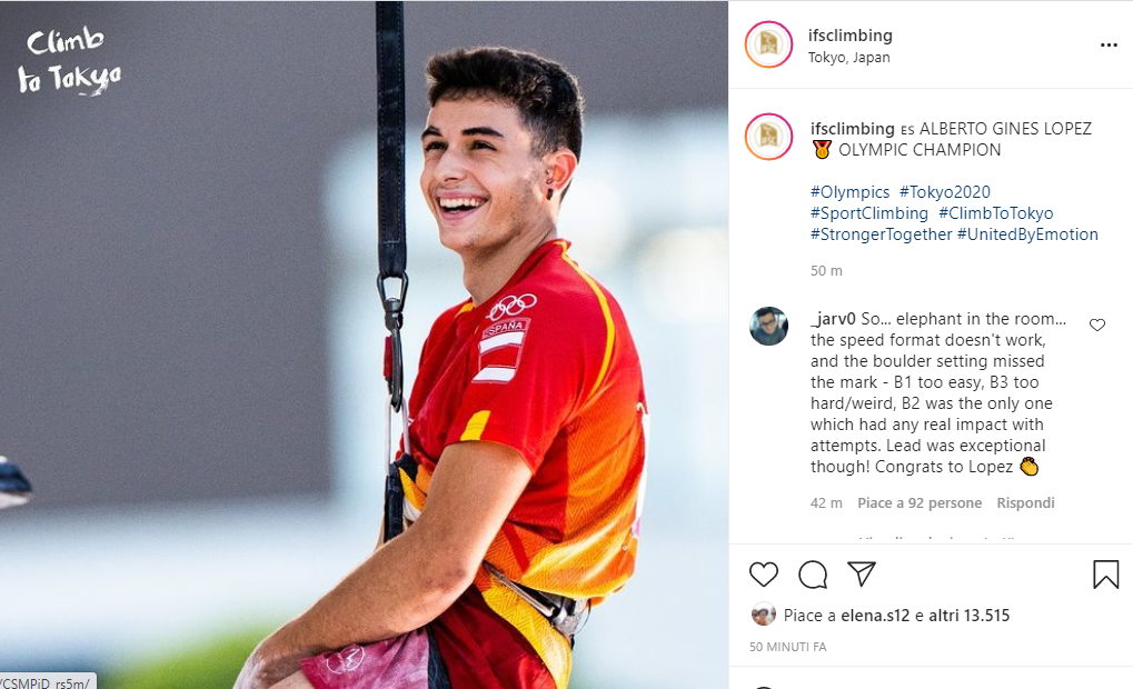 笑顔のAlberto Ginés Lópezと、オリンピック王者と伝える説明文が写ったIFSCのスクリーンショット。