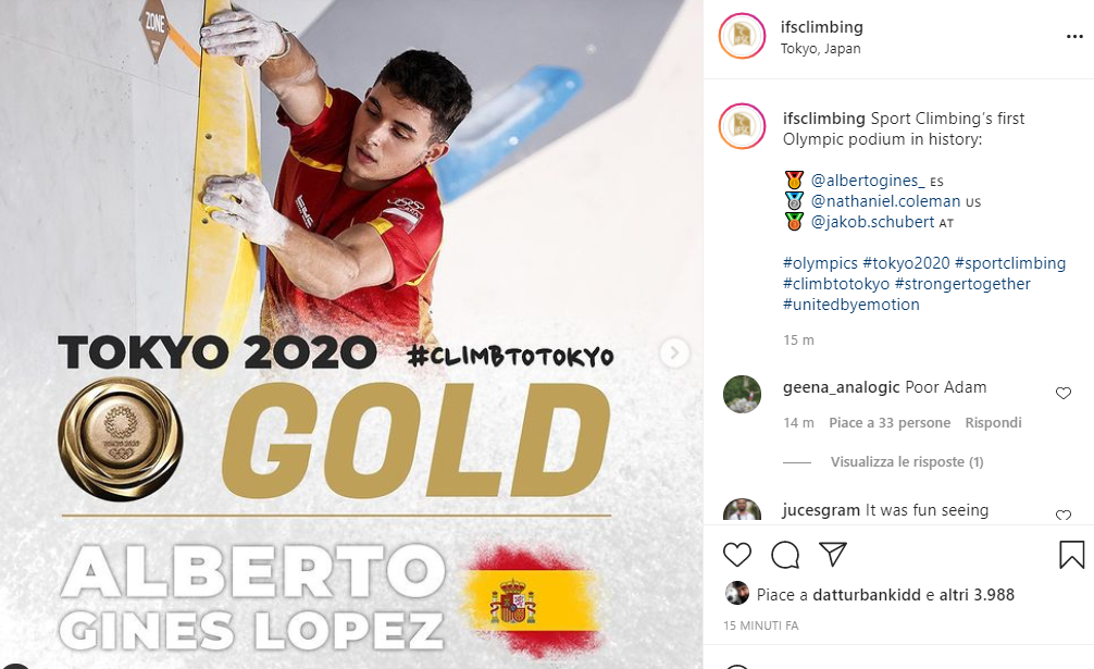 連盟のInstagramアカウントに掲載された、Tokyo 2020でのAlberto Ginés Lópezの金メダルを伝えるIFSCグラフィック。