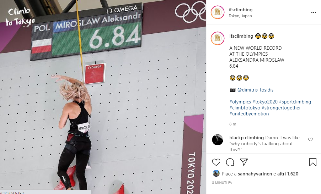 スピードの電光掲示板に6.84を表示した、Aleksandra Mirosławの記録を伝えるIFSCの投稿画面