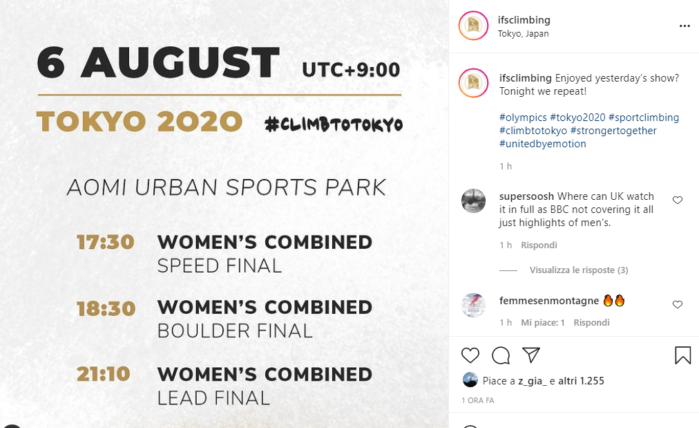 2021年8月6日のTokyo 2020女子決勝についてIFSCが公開した競技日程。