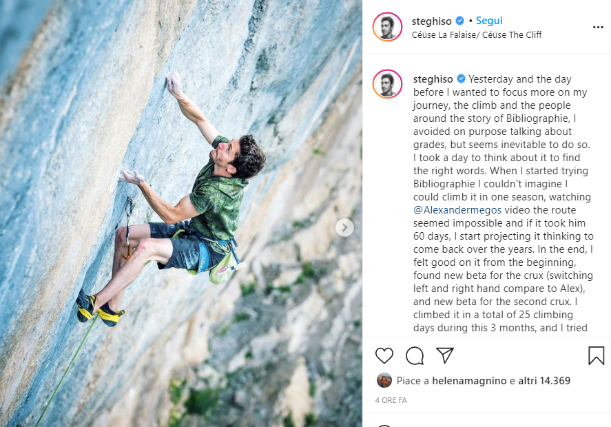 登攀写真とBibliographieでのトライの記録を掲載したStefano GhisolfiのInstagram投稿