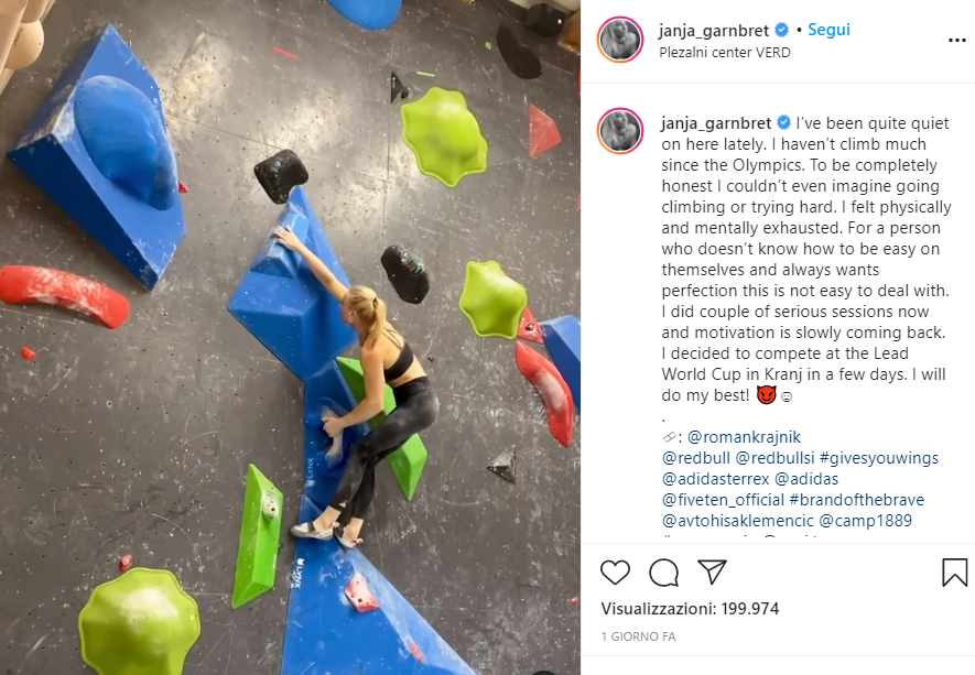 Janja GarnbretのInstagram投稿：ジムの壁でのトレーニングと、オリンピック後の復帰についての思い