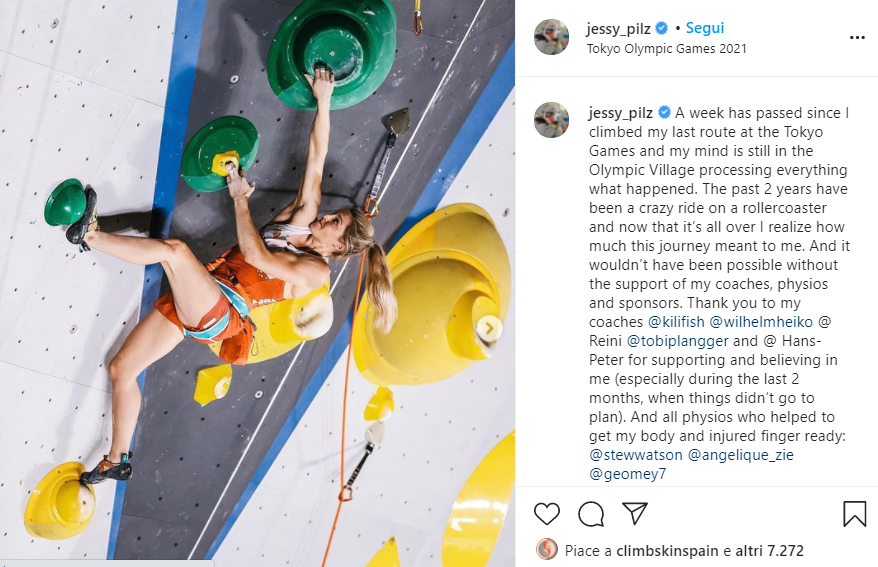 Jessica PilzのInstagram投稿：東京オリンピックで登る写真と、その経験を振り返る文章