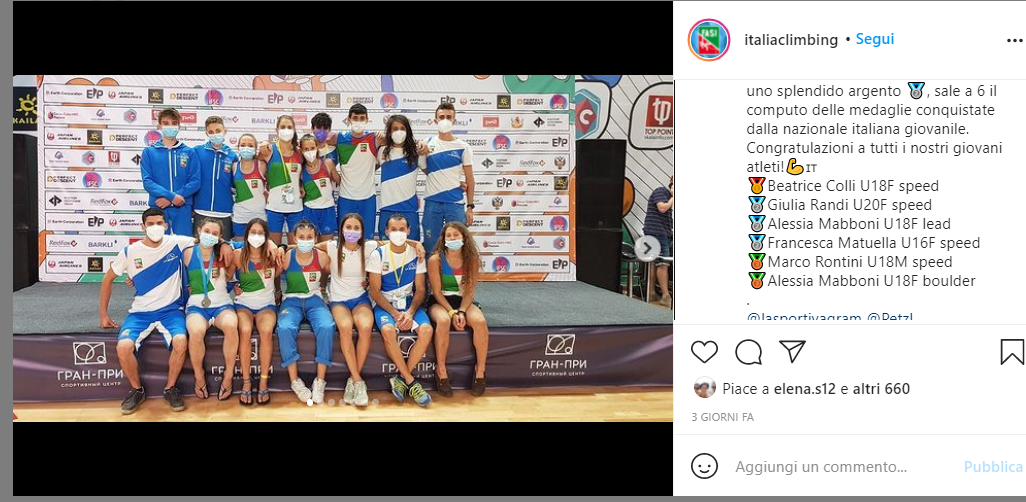 FASIのInstagram投稿：イタリアチームと2021年ユース世界選手権のメダル
