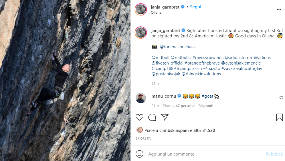 OlianaのAmerican Hustleの登攀について伝えるInstagram投稿のスクリーンショット