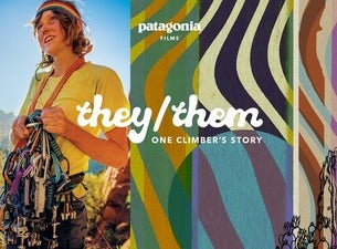 Patagoniaの映画They/Themのポスター。タイトルの横にハーネスを着けた人物が写っている