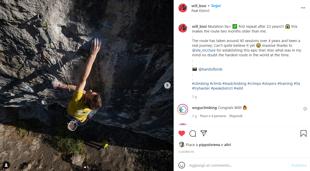 Mutationの再登についてのWill BosiのInstagram投稿画面。黄色いシャツで登る写真を掲載