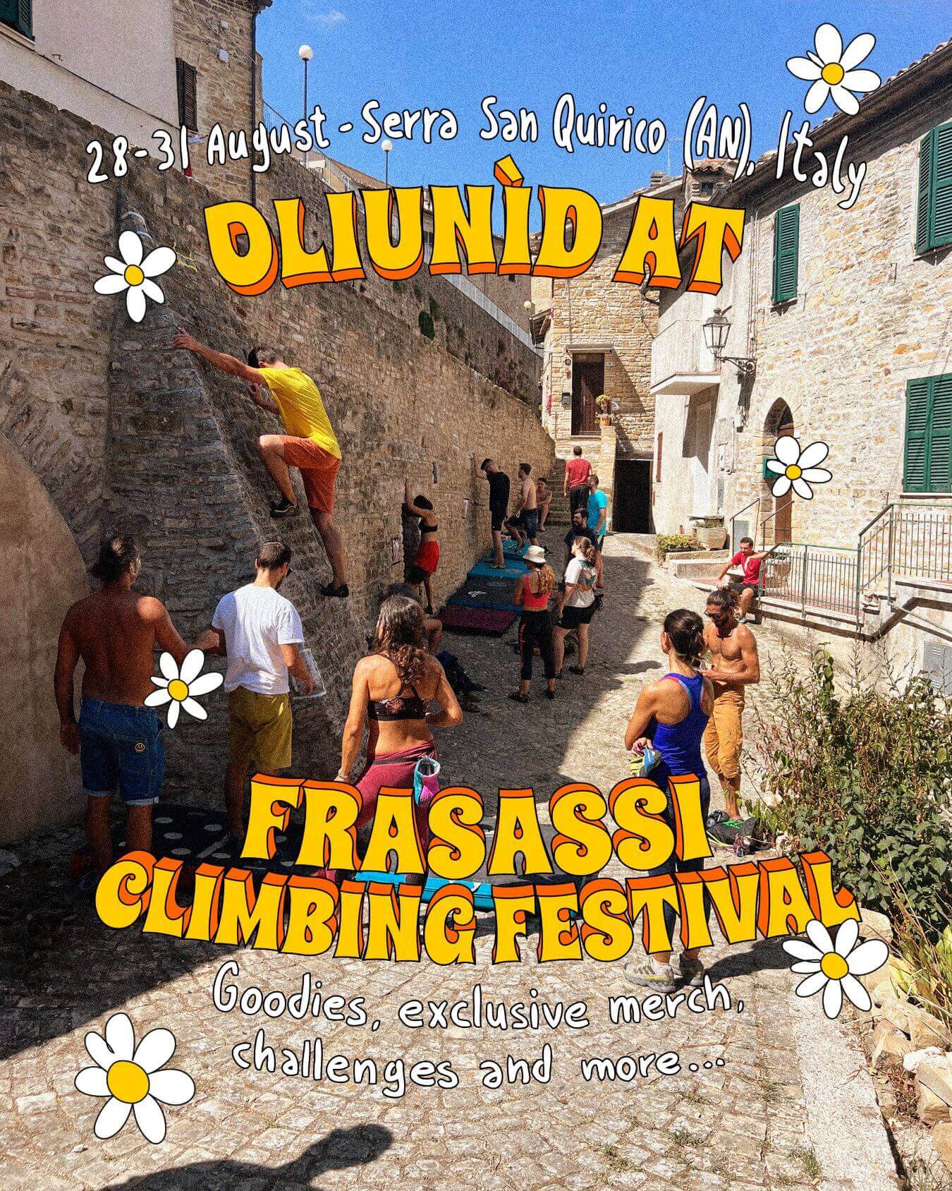 2025年8月28~31日のSerra San QuiricoでのFrasassi Climbing Festivalに参加するOliunìdの告知画像。グッズと企画を紹介